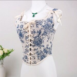 Blue and White Floral Corset Bodice Renaissance Faire Costume Size Medium